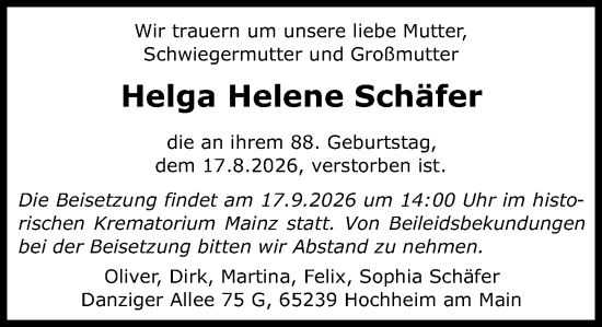 Traueranzeige von Helga Helene Schäfer von Allgemeine Zeitung Mainz
