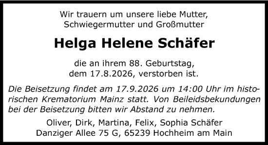Traueranzeige von Helga Helene Schäfer von Hochheimer Zeitung