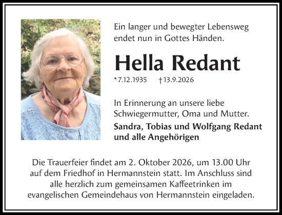 Traueranzeige von Hella Redant von Wetzlarer Neue Zeitung