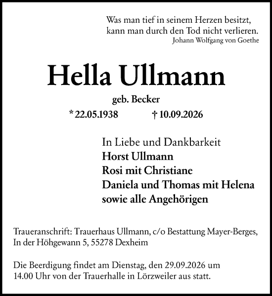 Traueranzeige von Hella Ullmann von Allgemeine Zeitung Mainz
