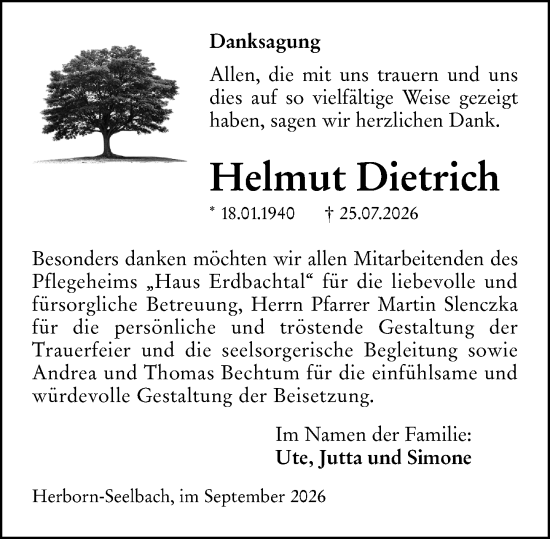 Traueranzeige von Helmut Dietrich von Dill Block
