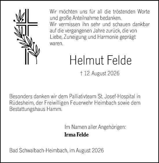 Traueranzeige von Helmut Felde von Rheingau-Taunus-Kreis Wochenblatt