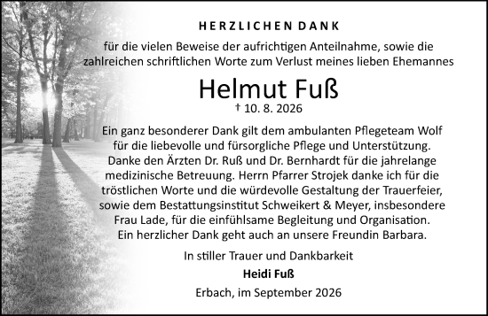Traueranzeige von Helmut Fuß von Odenwälder Echo