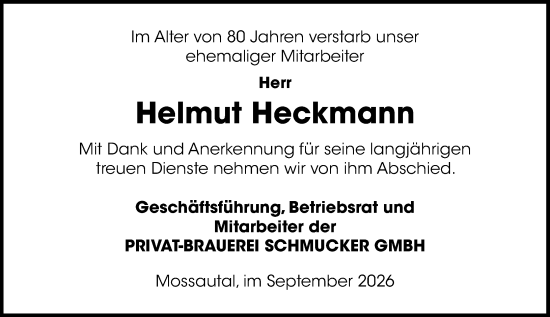 Traueranzeige von Helmut Heckmann von Odenwälder Echo