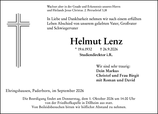 Traueranzeige von Helmut Lenz von Wetzlarer Neue Zeitung