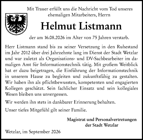 Traueranzeige von Helmut Listmann von Wetzlarer Neue Zeitung
