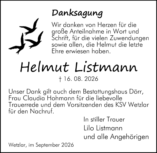 Traueranzeige von Helmut Listmann von Wetzlarer Neue Zeitung