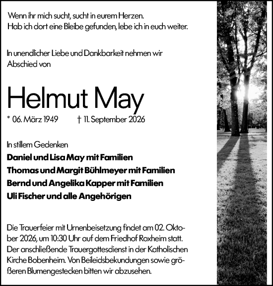 Traueranzeige von Helmut May von Wormser Zeitung