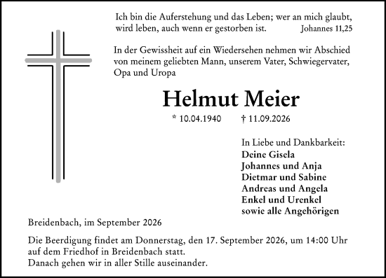 Traueranzeige von Helmut Meier von Hinterländer Anzeiger
