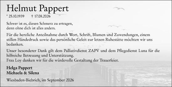 Traueranzeige von Helmut Pappert von Wiesbadener Kurier