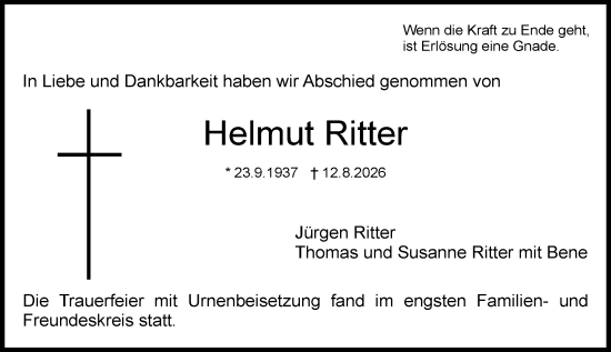 Traueranzeige von Helmut Ritter von Dieburger Anzeiger/Groß-Zimmerner Lokal-Anzeiger