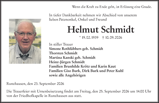 Traueranzeige von Helmut Schmidt von Hinterländer Anzeiger