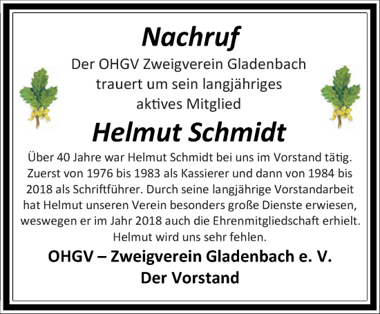 Traueranzeige von Helmut Schmidt von Hinterländer Anzeiger