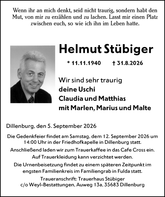 Traueranzeige von Helmut Stübiger von Dill Block