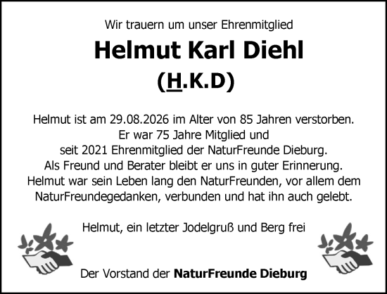 Traueranzeige von Helmut Karl Diehl von Dieburger Anzeiger/Groß-Zimmerner Lokal-Anzeiger