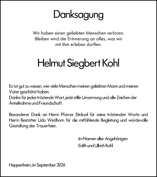 Traueranzeige von Helmut Siegbert Kohl von Starkenburger Echo