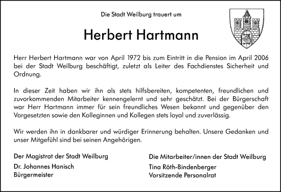 Traueranzeige von Herbert Hartmann von Weilburger Tageblatt