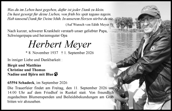 Traueranzeige von Herbert Meyer von Nassauische Neue Presse