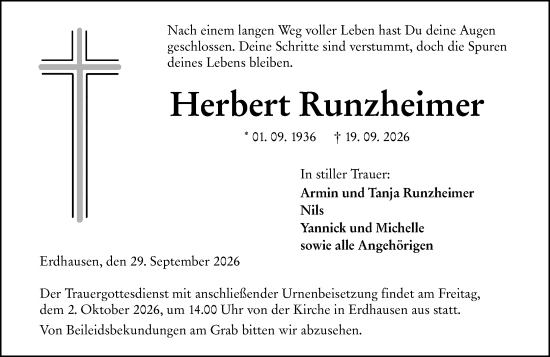 Traueranzeige von Herbert Runzheimer von Hinterländer Anzeiger