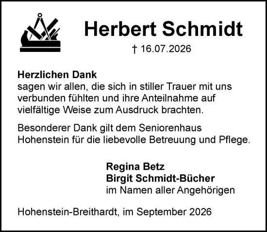Traueranzeige von Herbert Schmidt von Rheingau-Taunus-Kreis Wochenblatt