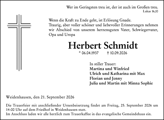 Traueranzeige von Herbert Schmidt von Hinterländer Anzeiger
