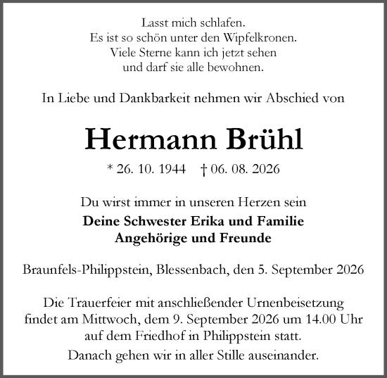 Traueranzeige von Hermann Brühl von Wetzlarer Neue Zeitung
