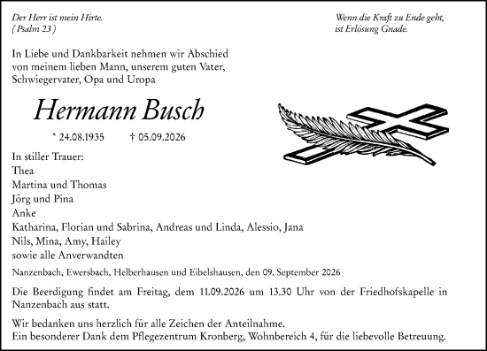 Traueranzeige von Hermann Busch von Dill Block