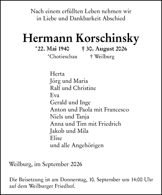 Traueranzeige von Hermann Korschinsky von Weilburger Tageblatt