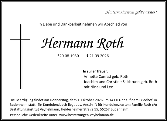 Traueranzeige von Hermann Roth von Allgemeine Zeitung Mainz
