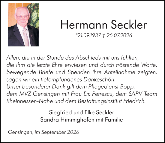 Traueranzeige von Hermann Seckler von Binger-/Ingelheimer Wochenblatt
