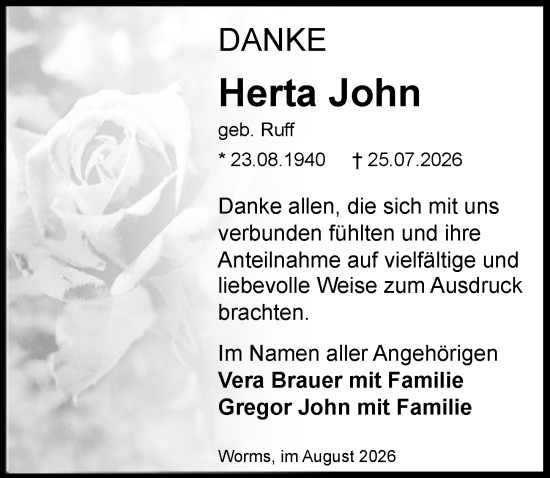 Traueranzeige von Herta John von Wormser Zeitung