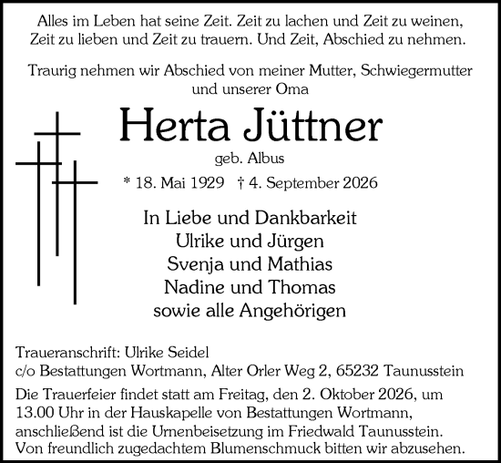 Traueranzeige von Herta Jüttner von Wiesbadener Kurier
