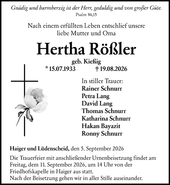 Traueranzeige von Hertha Rößler von Dill Block