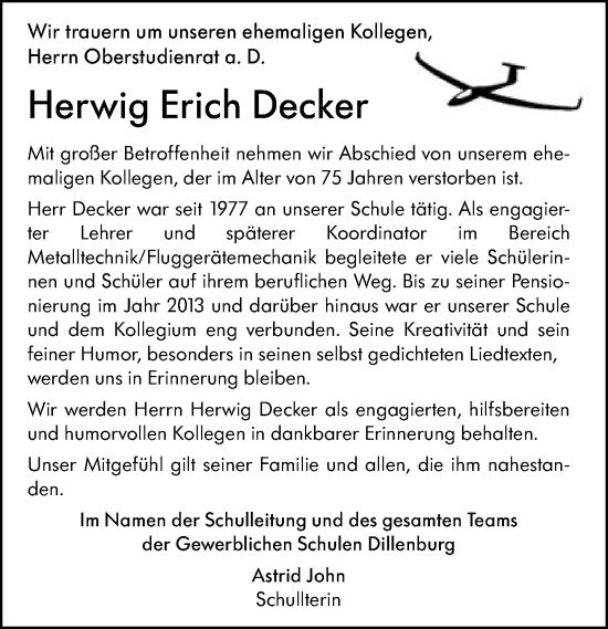 Traueranzeige von Herwig Erich Decker von Dill Block