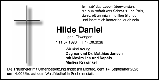 Traueranzeige von Hilde Daniel von Darmstädter Echo