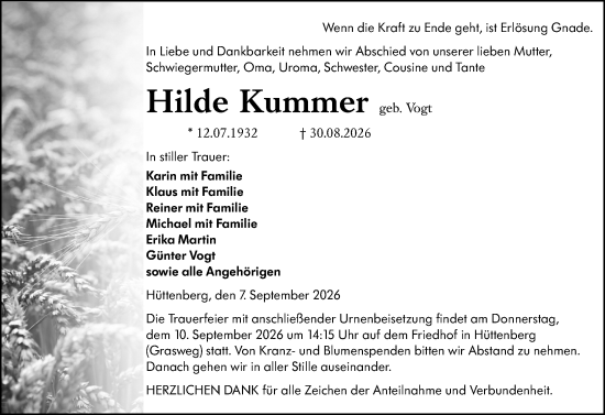 Traueranzeige von Hilde Kummer von Wetzlarer Neue Zeitung