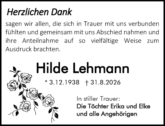 Traueranzeige von Hilde Lehmann von Darmstädter Echo