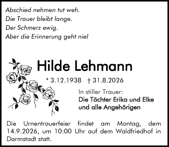 Traueranzeige von Hilde Lehmann von Darmstädter Echo