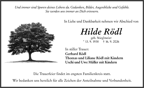 Traueranzeige von Hilde Rödl von Wetzlarer Neue Zeitung