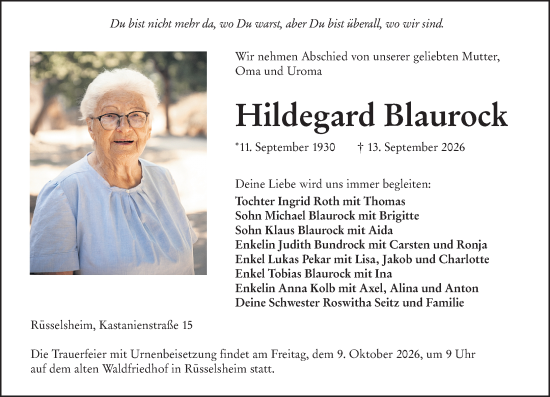 Traueranzeige von Hildegard Blaurock von Rüsselsheimer Echo