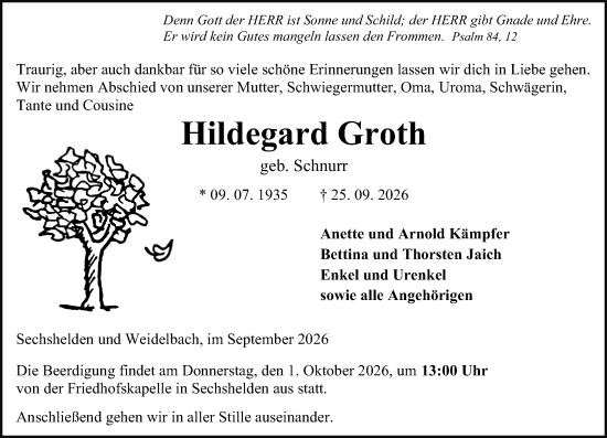Traueranzeige von Hildegard Groth von Dill Block