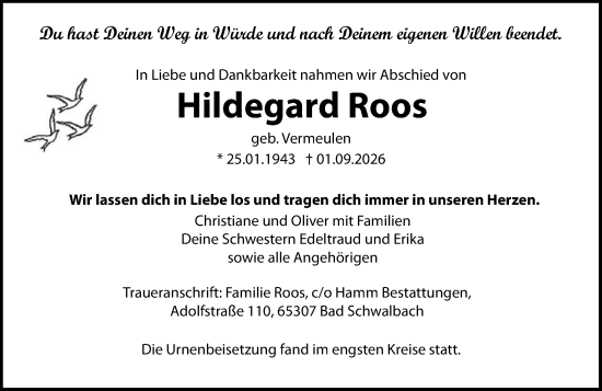 Traueranzeige von Hildegard Roos von Rheingau-Taunus-Kreis Wochenblatt
