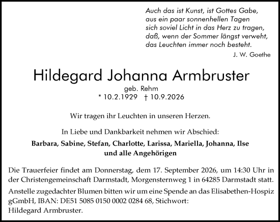 Traueranzeige von Hildegard Johanna Armbruster von Darmstädter Echo