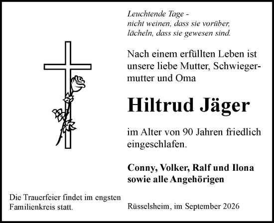 Traueranzeige von Hiltrud Jäger von Rüsselsheimer Echo
