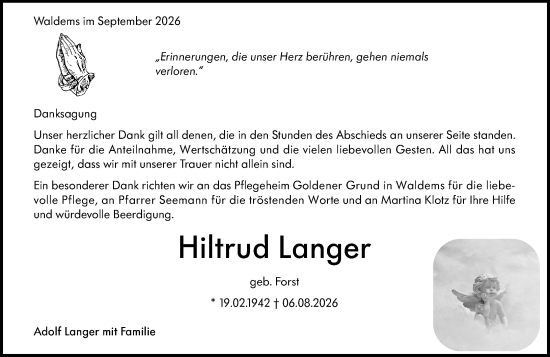 Traueranzeige von Hiltrud Langer von Camberger Anzeiger