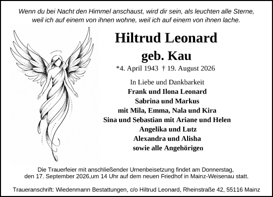 Traueranzeige von Hiltrud Leonard von Allgemeine Zeitung Mainz