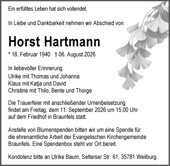 Traueranzeige von Horst Hartmann von Wetzlarer Neue Zeitung