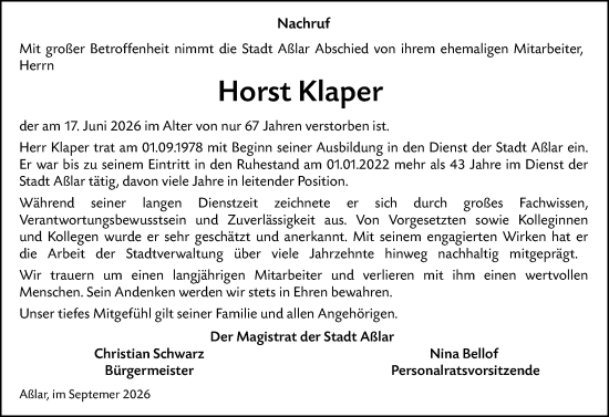Traueranzeige von Horst Klaper von Wetzlarer Neue Zeitung