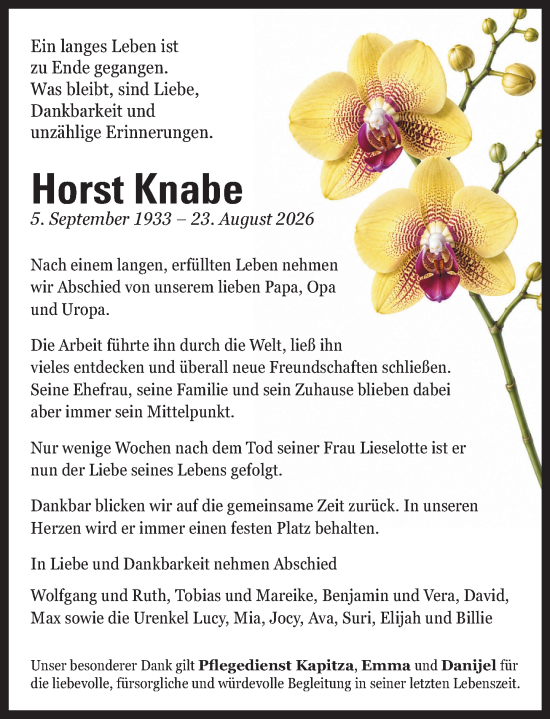Traueranzeige von Horst Knabe von Hinterländer Anzeiger