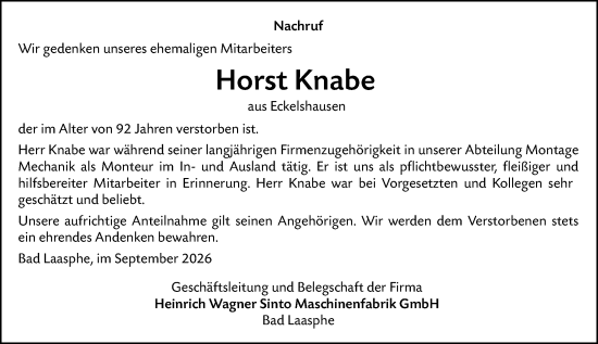 Traueranzeige von Horst Knabe von Hinterländer Anzeiger